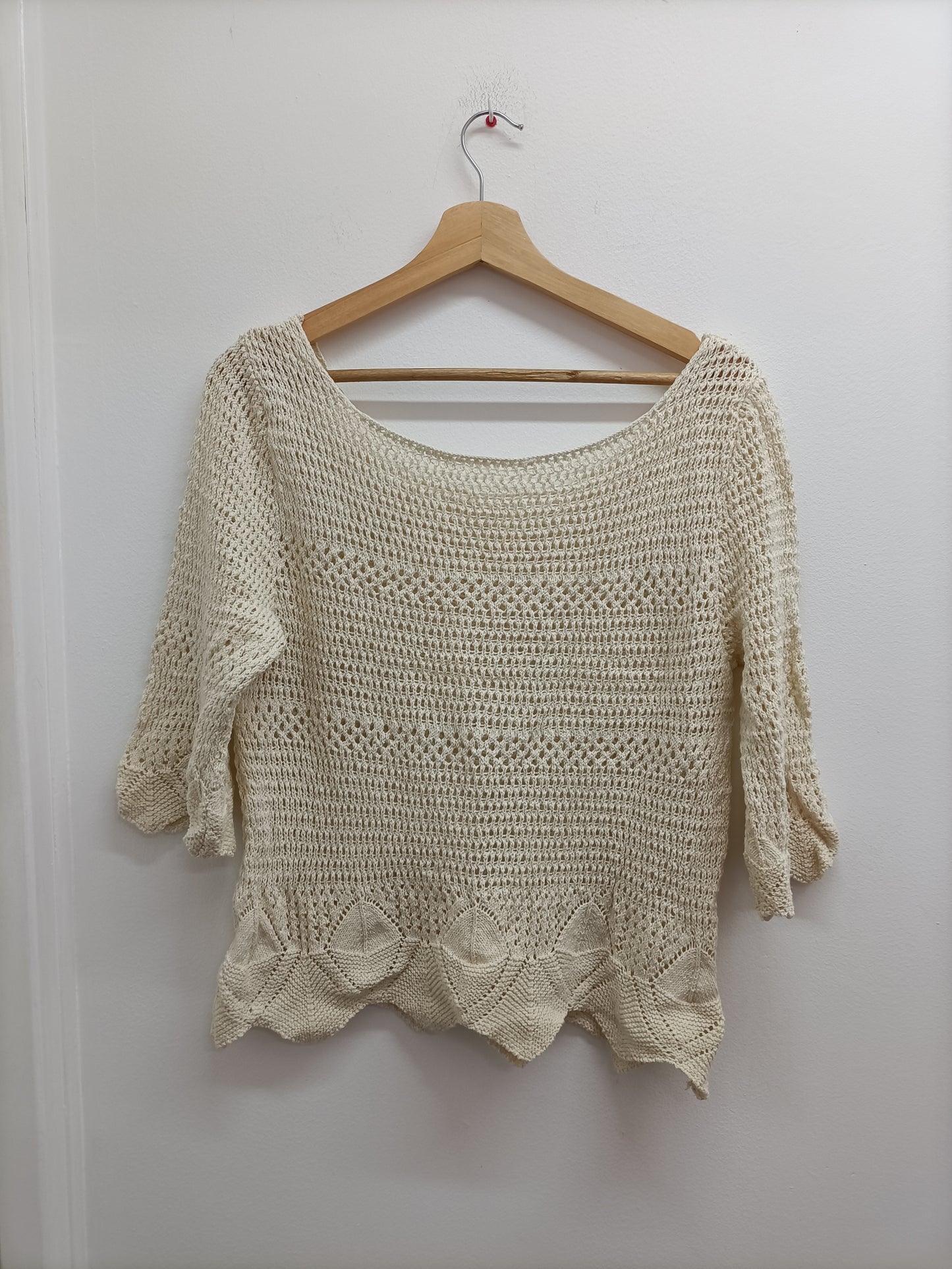 Pull mailles ajourées manches 3/4 blanc cassé Taille M