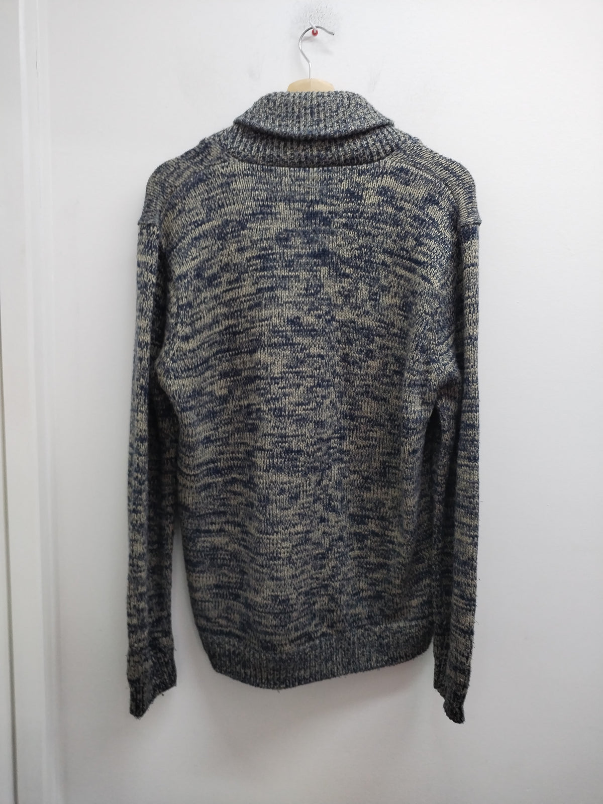 Pull en mailles Tissaia bleu chiné et beige à col châle Taille L
