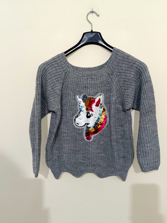 Pull en maille gris avec motif licorne en sequins Taille 12 Ans