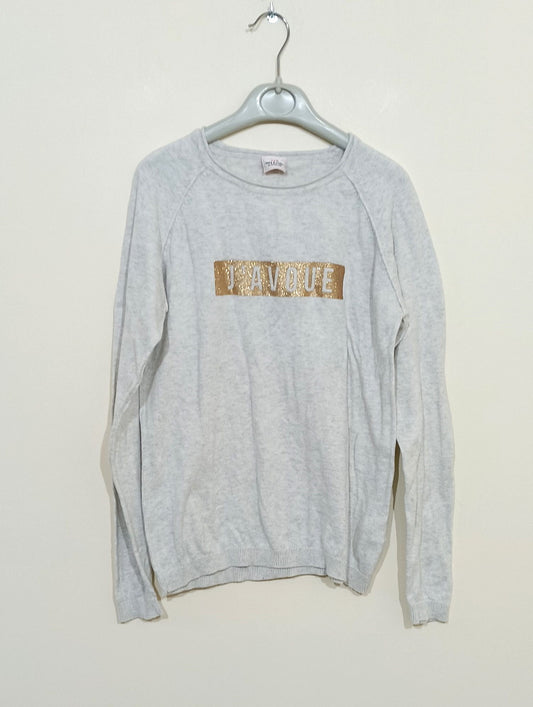 Pull fin Tape à l'Œil gris clair avec écriture dorée Taille 14 Ans