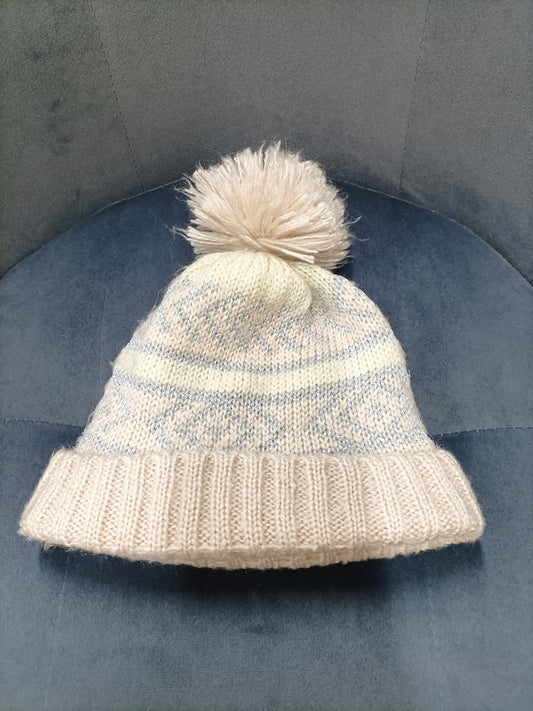 Bonnet rose, beige et argenté avec pompon doublé polaire