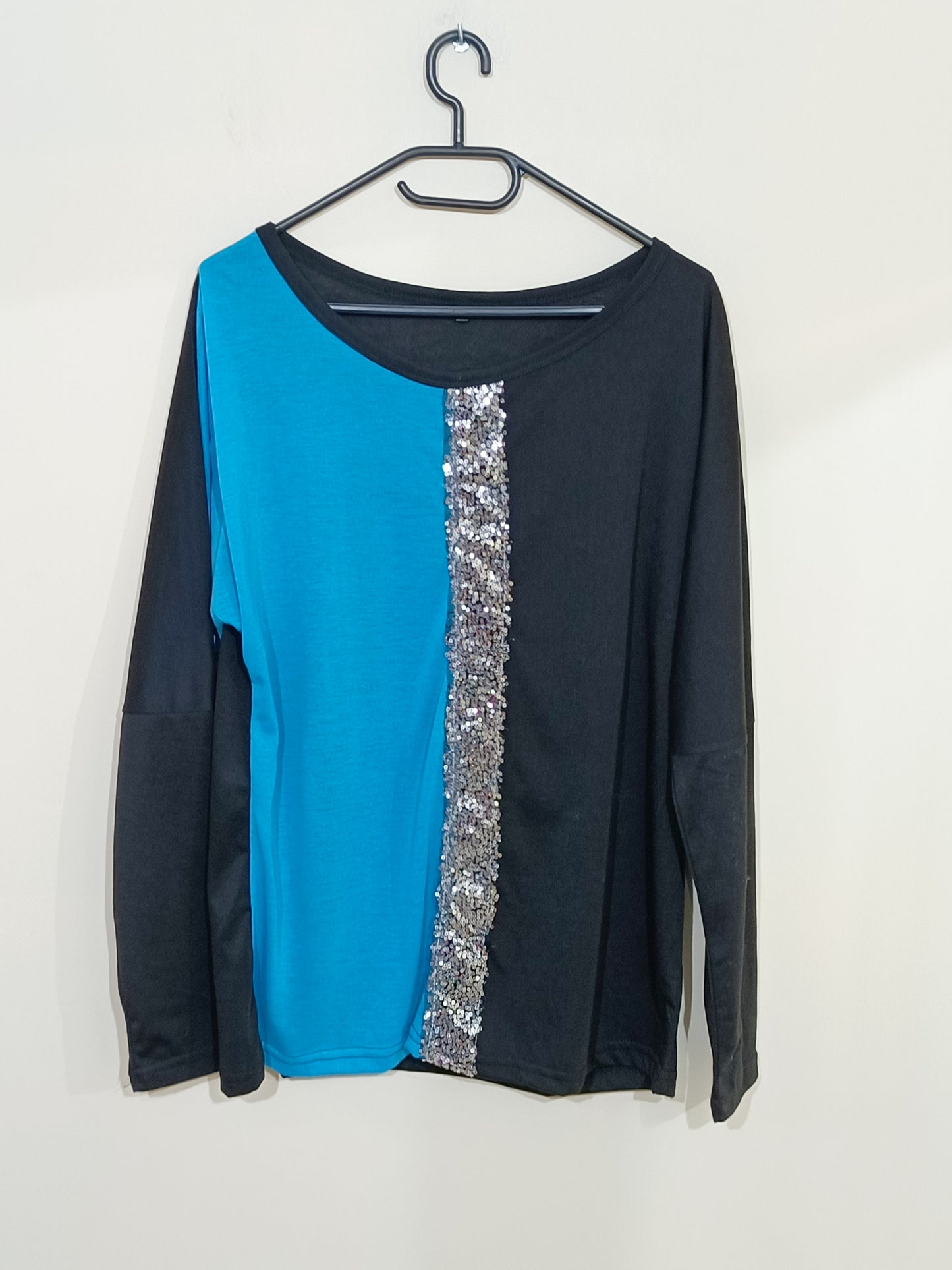 T-shirt manches longue bleu et noir avec sequins Taille XL