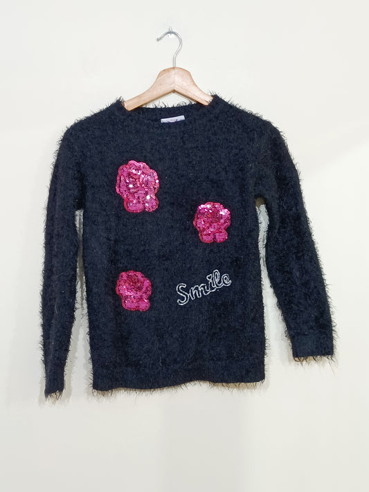 Pull maille poilue Smile Girl noir avec sequins Taille 12 Ans