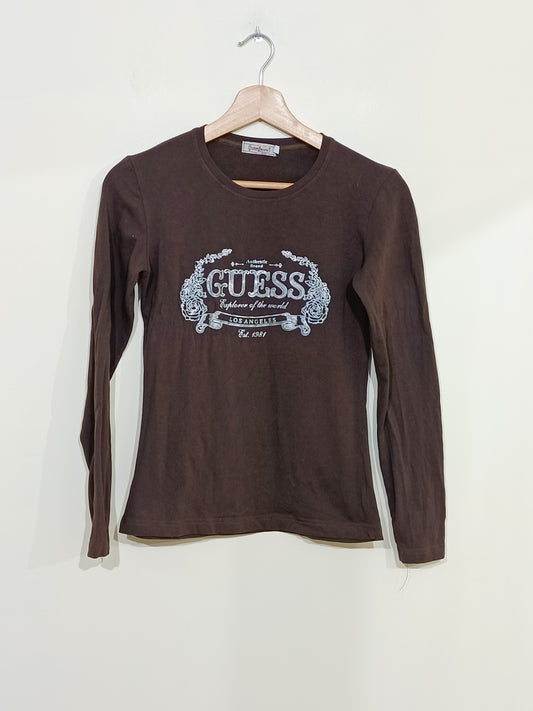 T-shirt manches longues Guess Jeans marron avec impression Taille S