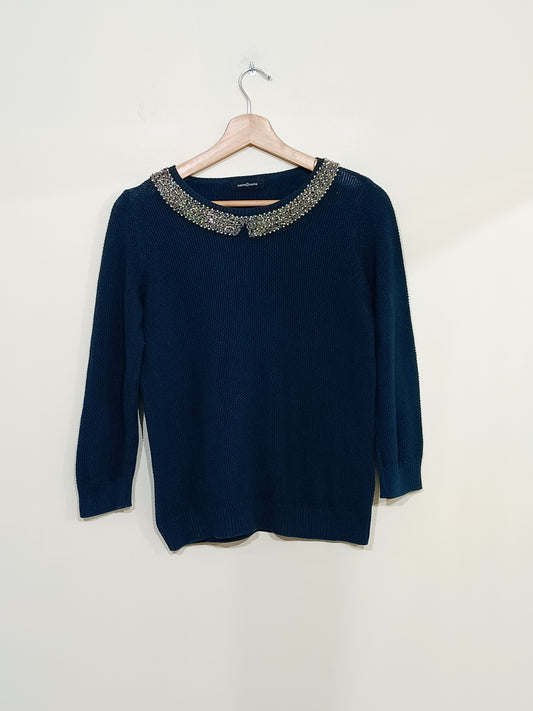 Pull Cache-Cache bleu canard avec perles argentées au col Taille S