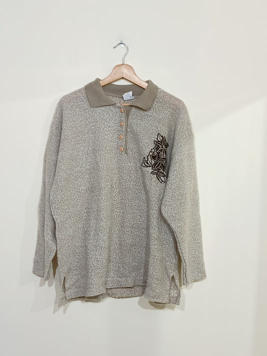 Pull avec col et boutons beige broderie marron Taille 50/52