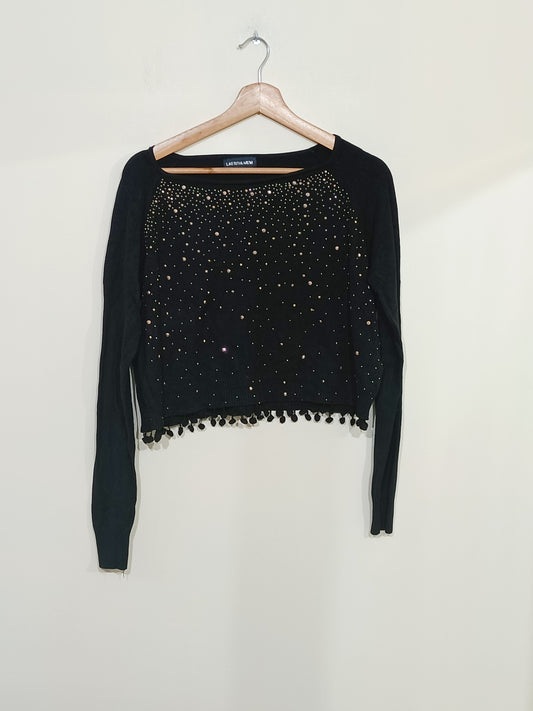Pull court Laetitia Mem noir avec strass et pompons Taille L