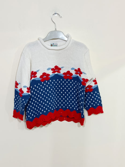 Pull Kids blanc et bleu avec fleurs Taille 4 ans