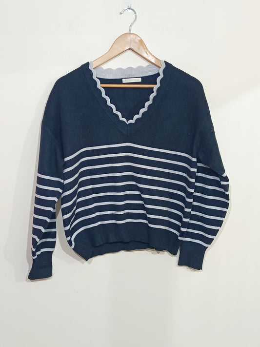Pull Peace n' Love noir rayé blanc col fantaisie Taille L
