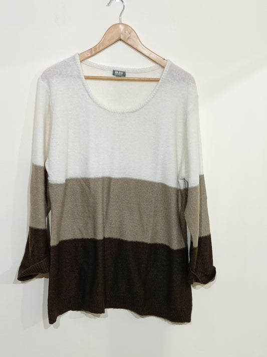 Pull fin Bleu Bonheur blanc et marron Taille 50/52
