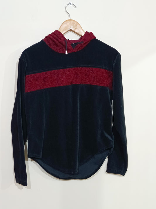 Sweat à capuche en velours noir et bordeaux Taille L