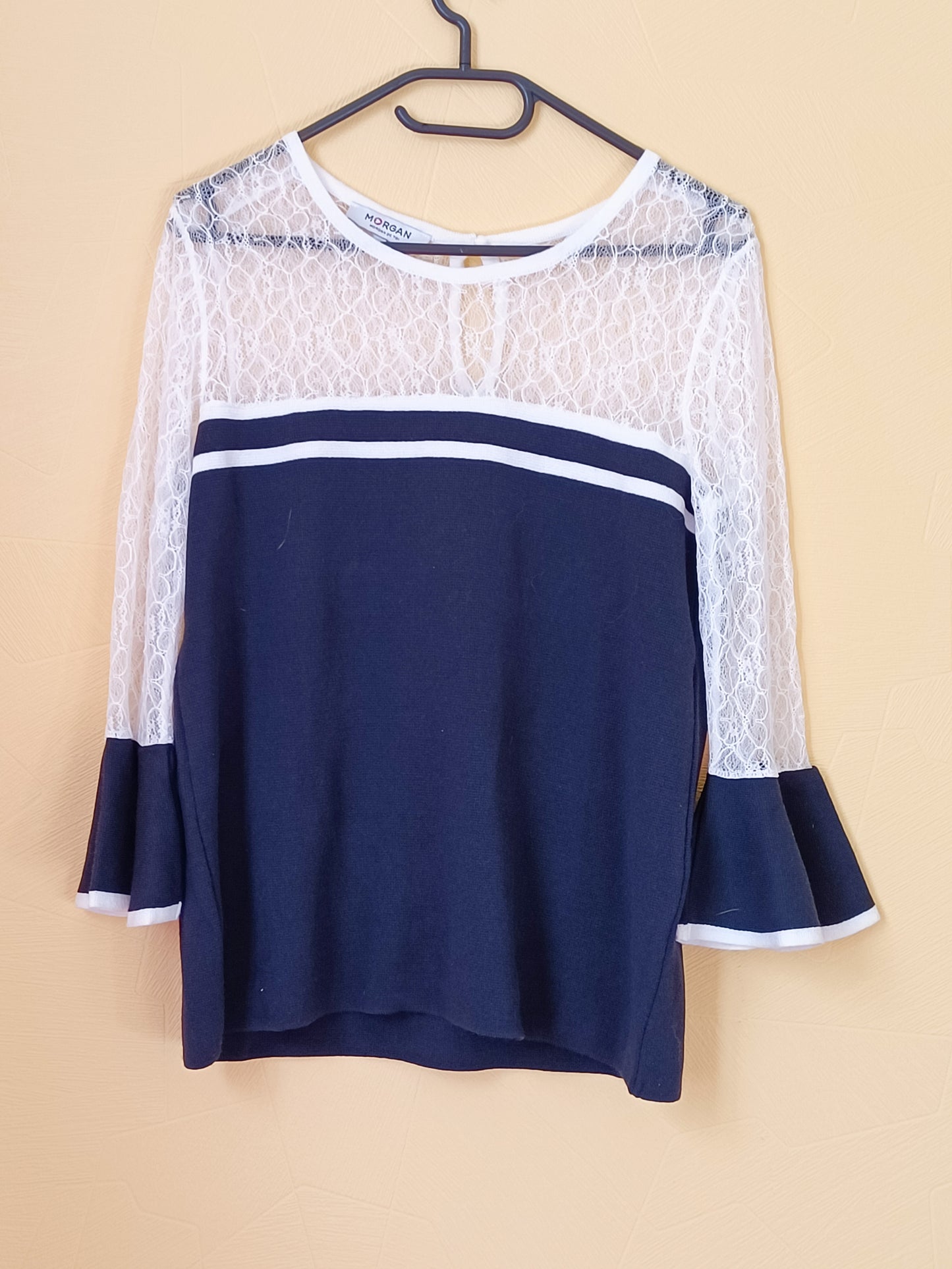 Pull fin avec dentelle Morgan bleu marine et blanc Taille M