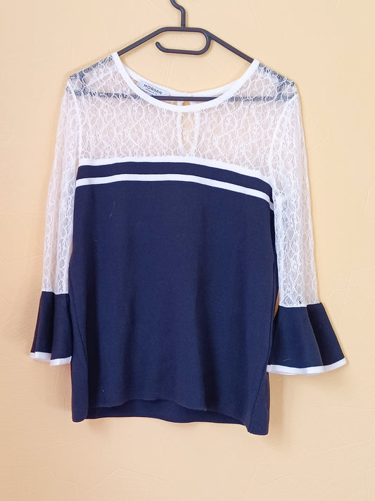 Pull fin avec dentelle Morgan bleu marine et blanc Taille M