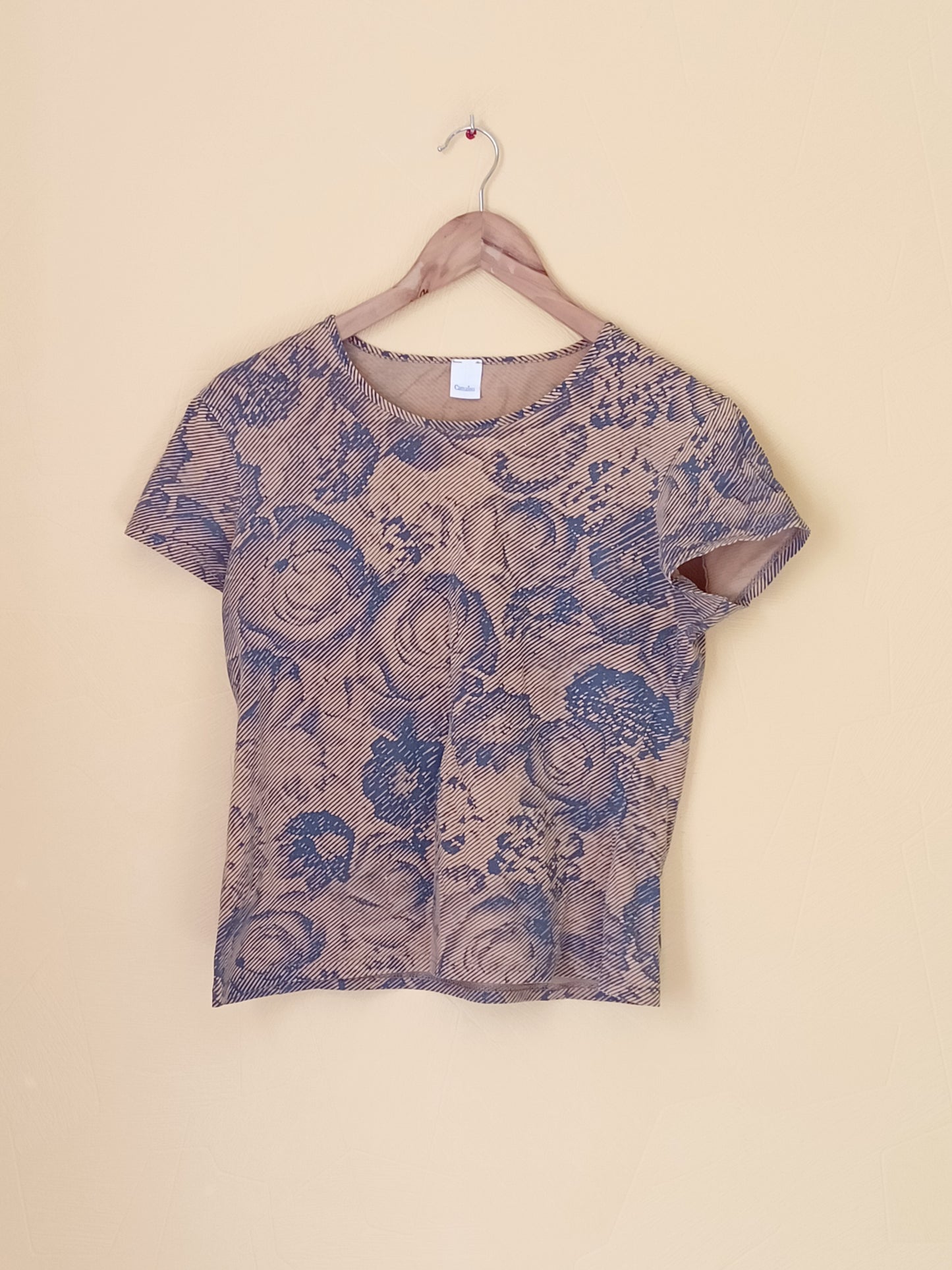 T-shirt Camaïeu beige à motifs bleus Taille M