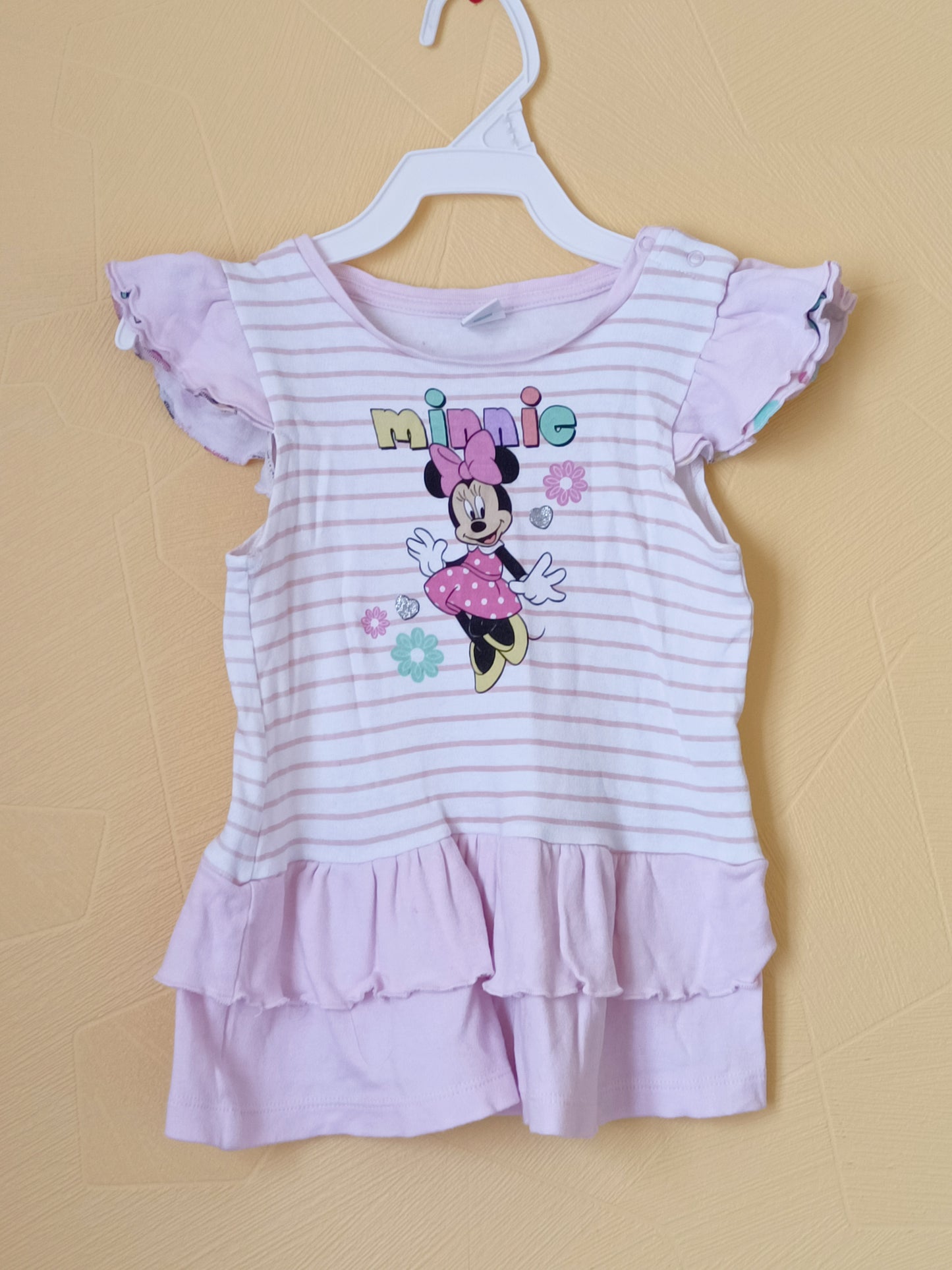 Robe manches courtes Disney "Minnie" rayée rose et blanche Taille 24 Mois