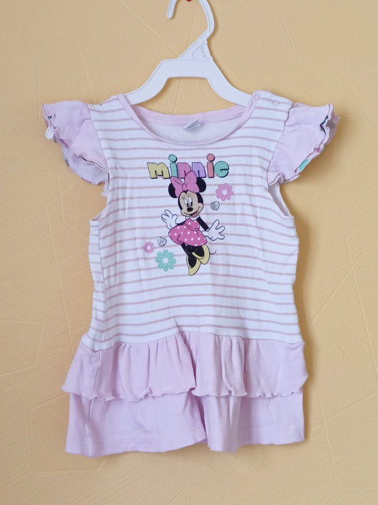 Robe manches courtes Disney "Minnie" rayée rose et blanche Taille 24 Mois