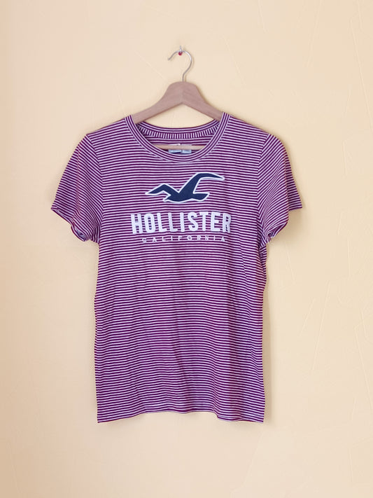 T-shirt Hollister rayé blanc et bordeaux avec broderie Taille M
