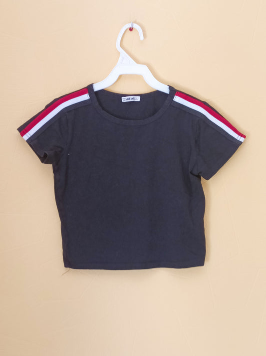 T-shirt court Shein noir avec rayures sur les épaules Taille 11/12 Ans