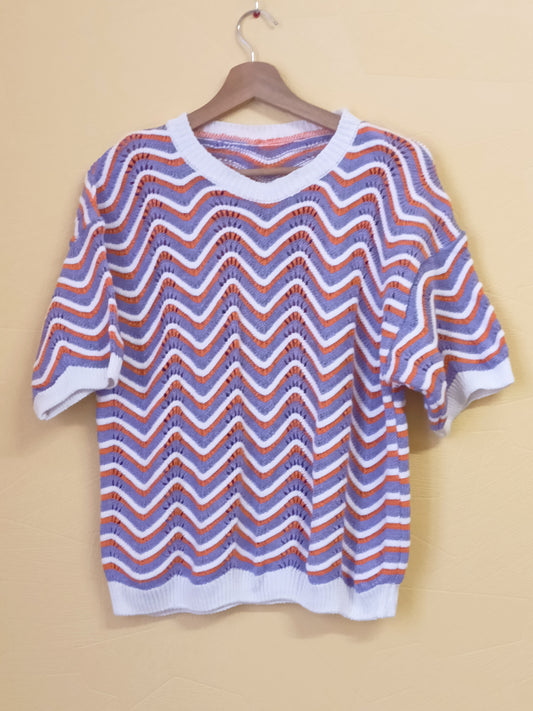 Pull manches courtes mailles ajourées blanc, orange et violet Taille XL