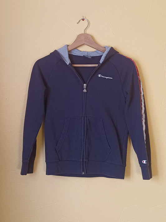 Sweat zippé à capuche Champion bleu marine avec liseré Taille 9/10 Ans