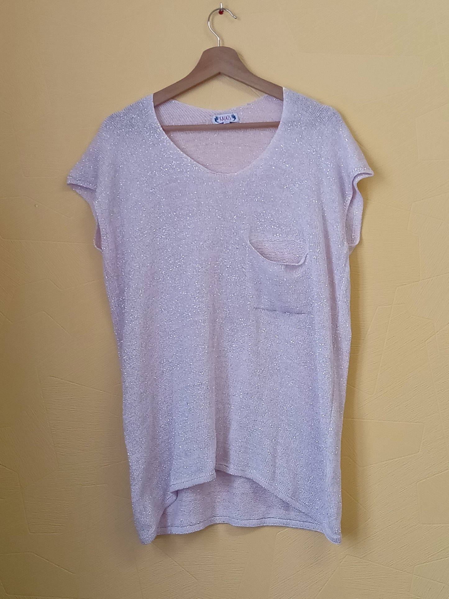 Pull fin manches courtes Kalaïs rose avec fils argentés Taille L