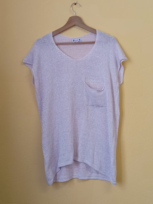 Pull fin manches courtes Kalaïs rose avec fils argentés Taille L
