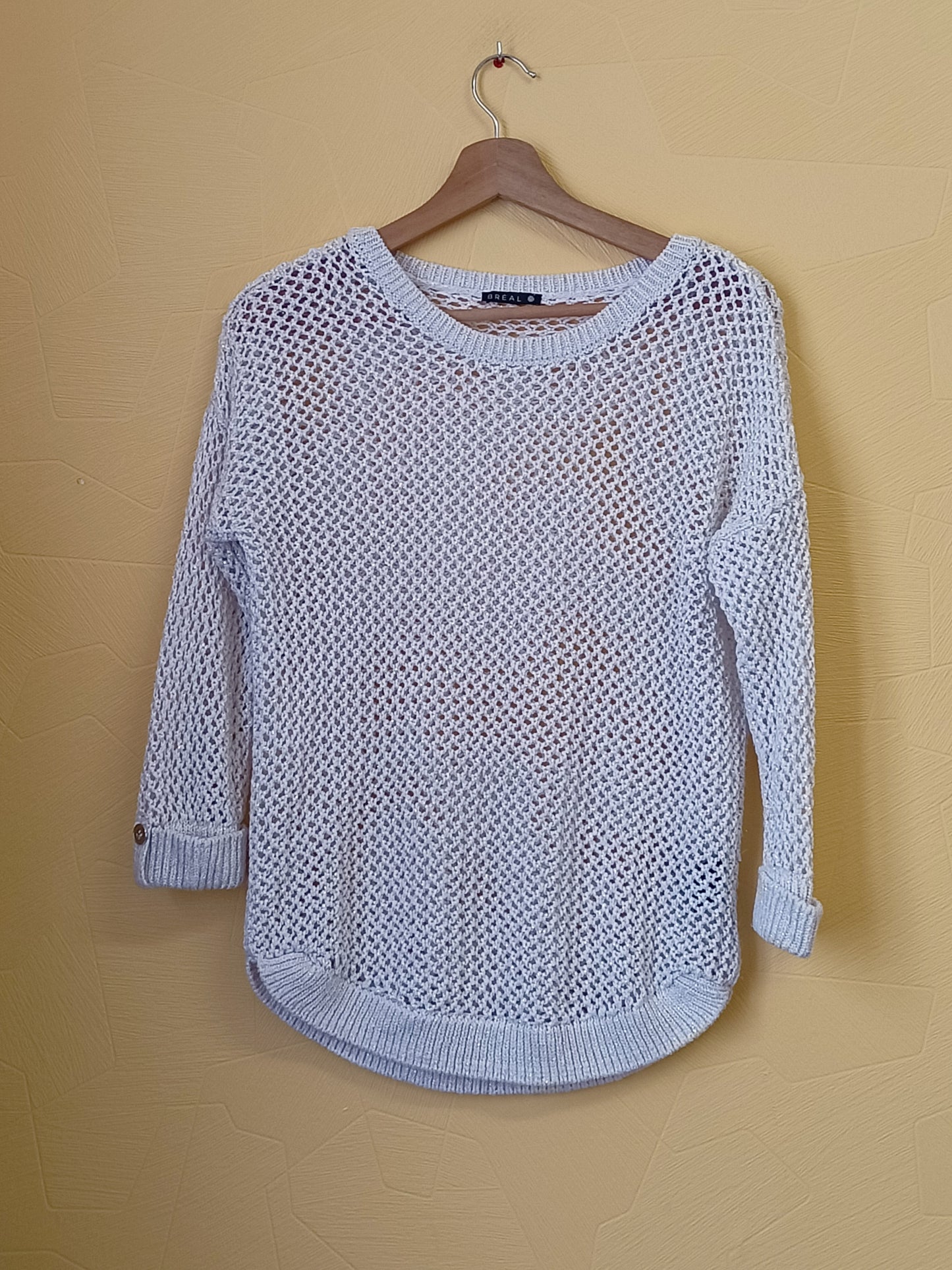Pull mailles ajourées Bréal blanc avec fils dorés manches 3/4 Taille L