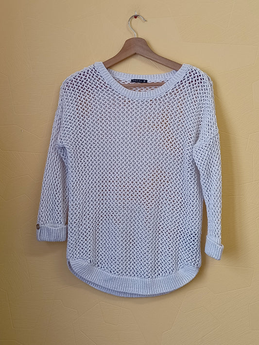 Pull mailles ajourées Bréal blanc avec fils dorés manches 3/4 Taille L