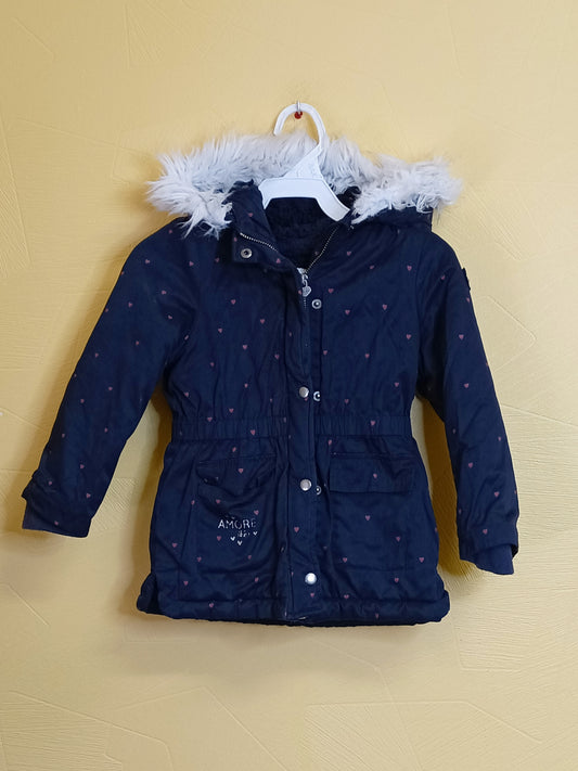 Manteau doublé avec capuche IKKS bleu marine avec motifs cœurs Taille 3 Ans