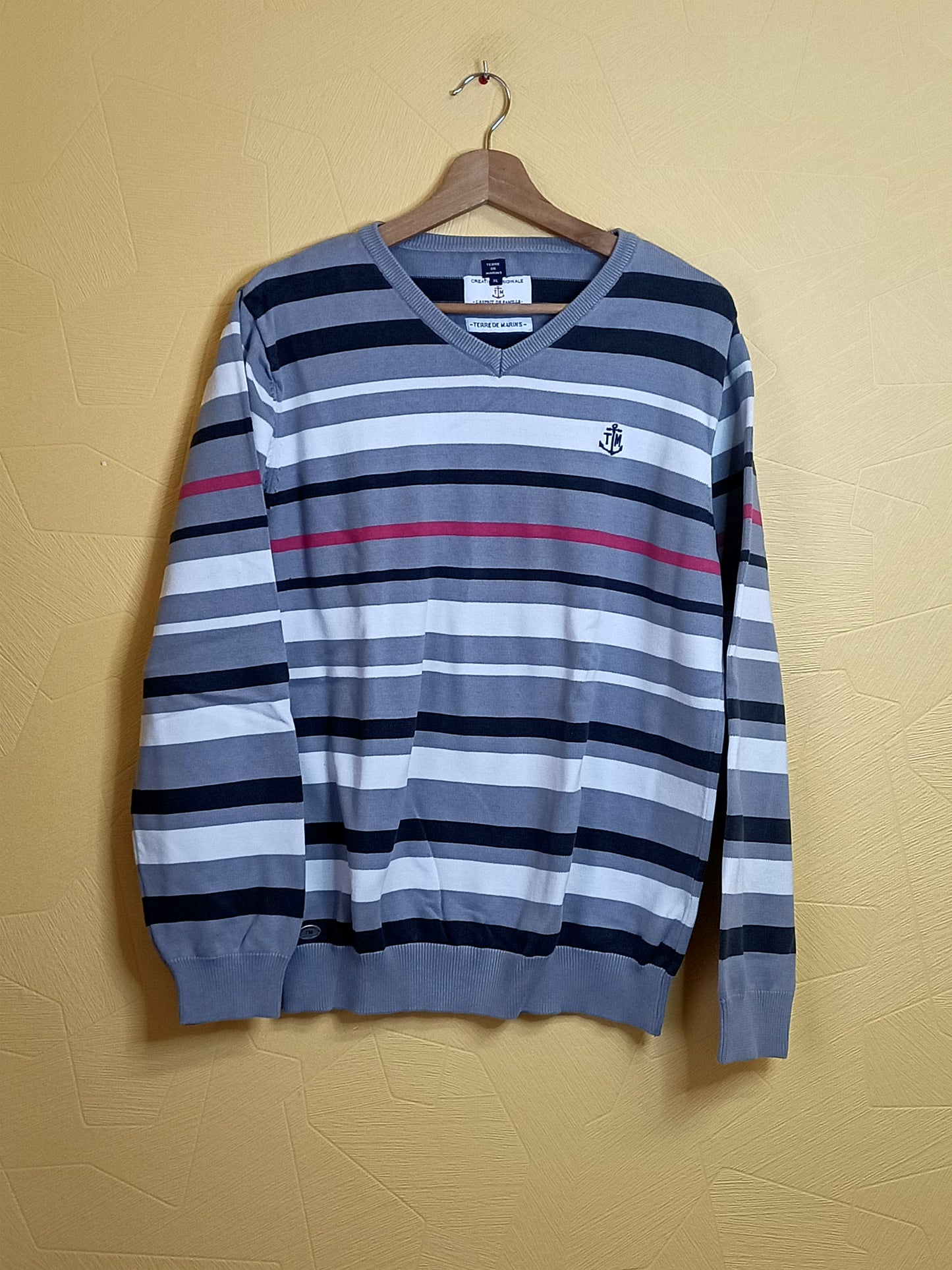 Pull fin Terre de Marins rayé gris, blanc et rouge Taille XL