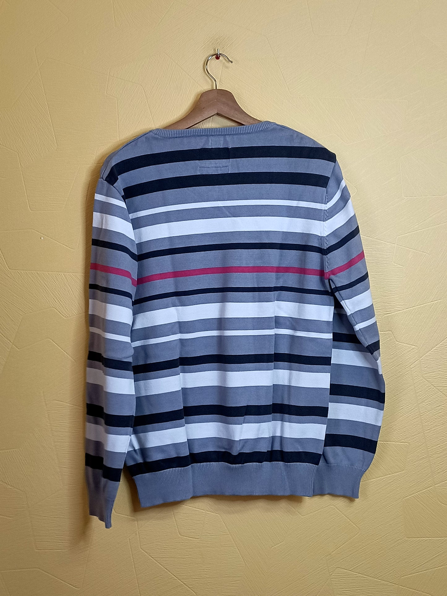 Pull fin Terre de Marins rayé gris, blanc et rouge Taille XL