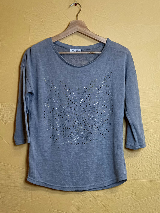 Pull fin manches 3/4 Fiou Fiou gris avec strass Taille M