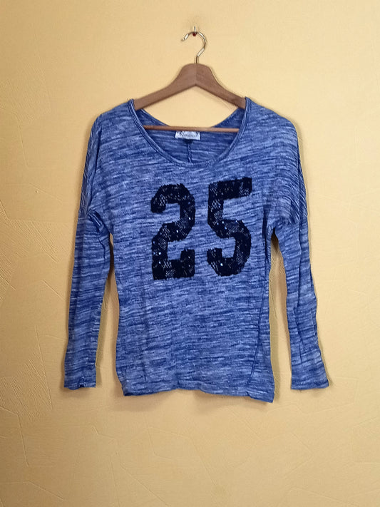 T-shirt manches longues Kiabi bleu chiné avec broderie Taille M