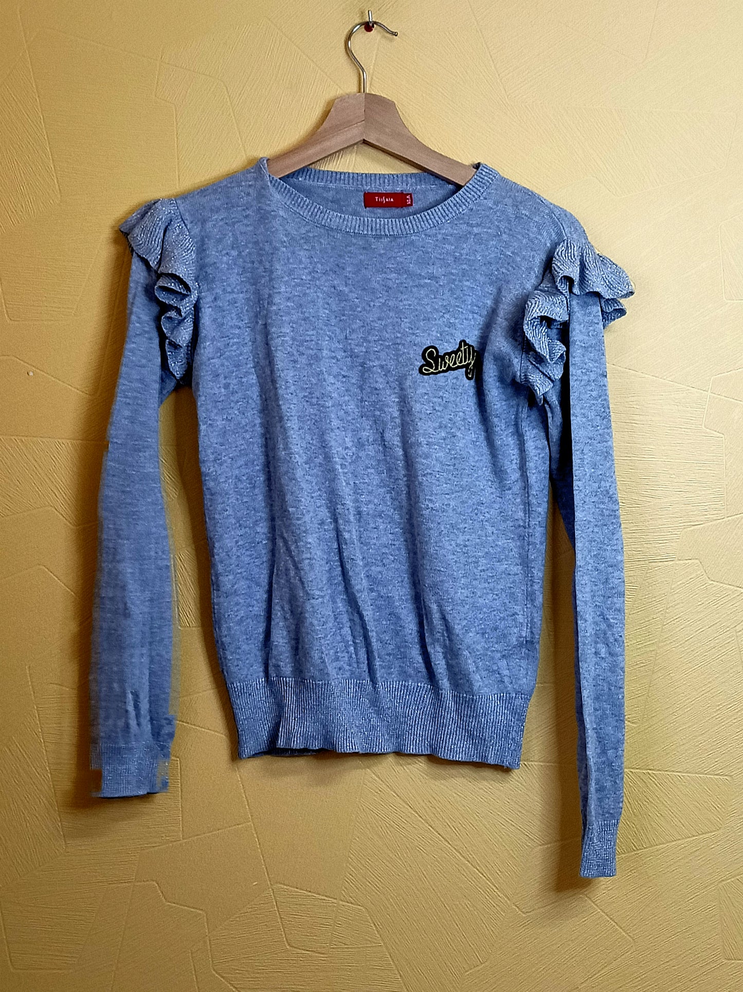 Pull Tissaia gris clair avec volants sur les épaules Taille 14 Ans