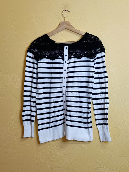 Pull fin avec dentelle rayé marine et blanc Taille M