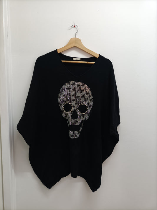Pull Moëwy noir avec strass tête de mort manches chauve-souris Taille Unique
