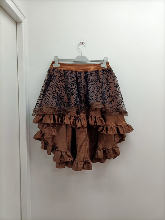 Jupe asymétrique marron à motifs noirs et dentelle Taille M/L
