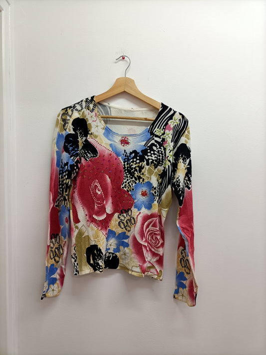 Pull fin imprimé fleuri avec sequins et perles Taille M