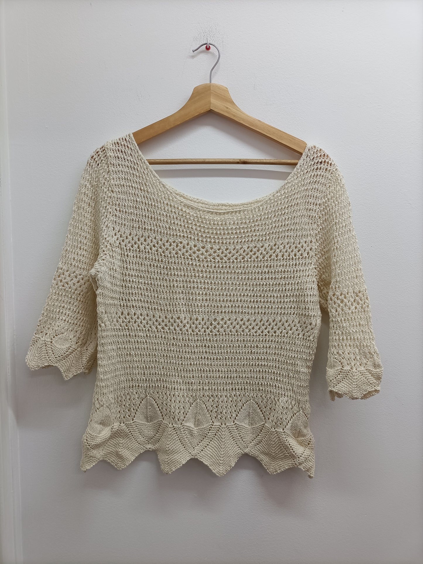 Pull mailles ajourées manches 3/4 blanc cassé Taille M