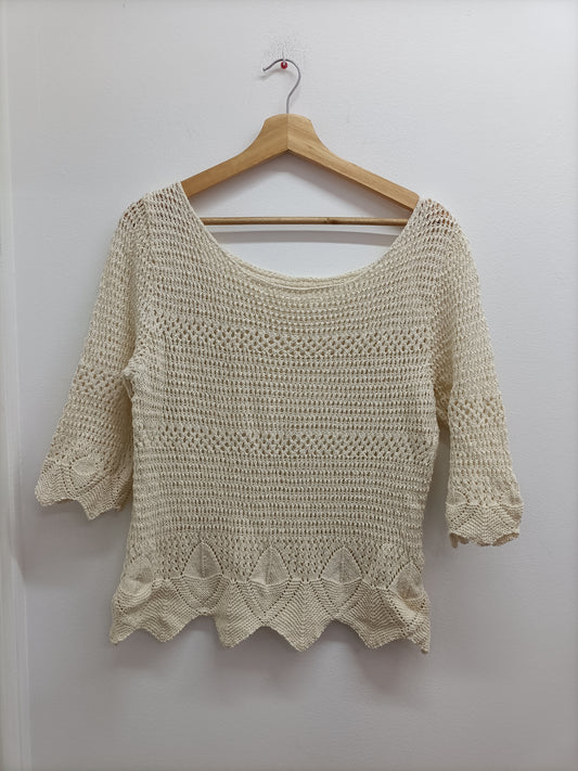 Pull mailles ajourées manches 3/4 blanc cassé Taille M