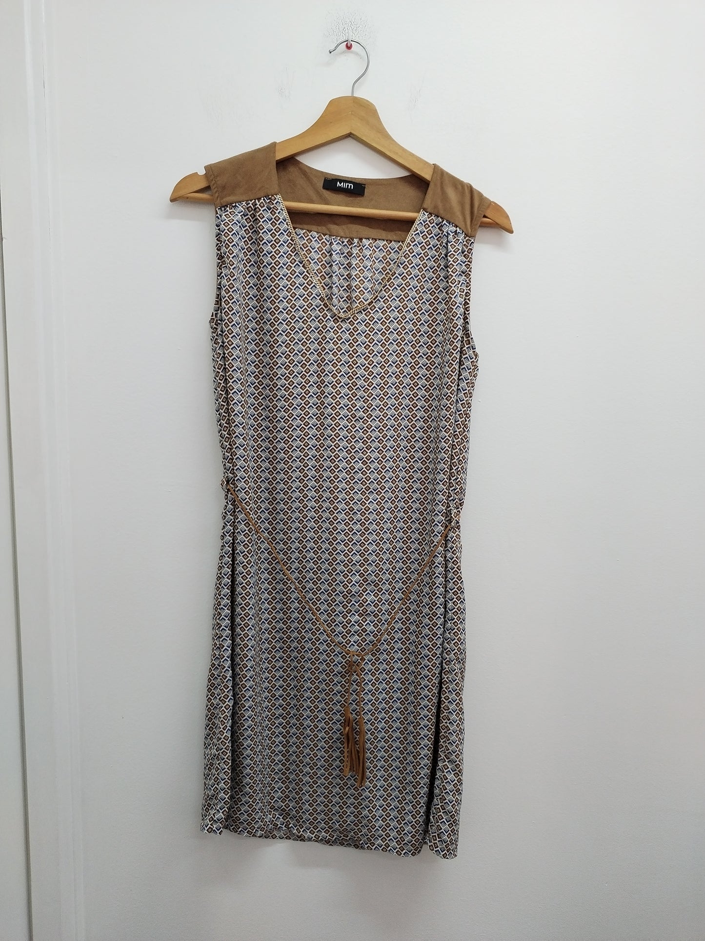 Robe sans manches Mim marron, beige et bleue à motifs géométriques Taille 36
