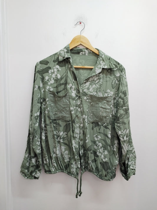 Chemise manches longues kaki fleuri Taille M