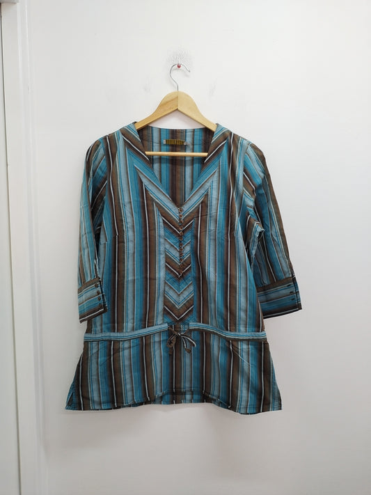 Chemise manches 3/4 Cache-Cache rayée bleue et marron taille XL