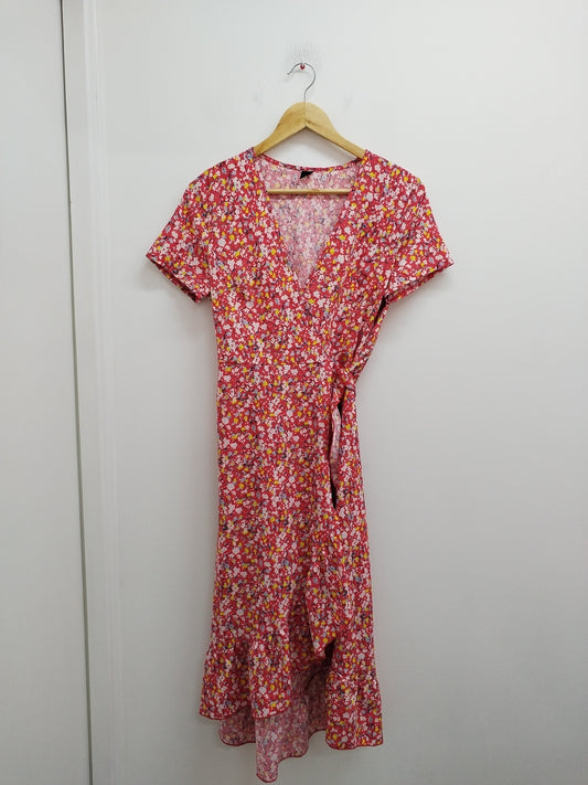 Robe longue portefeuille manches courtes Shein rouge fleurie Taille S