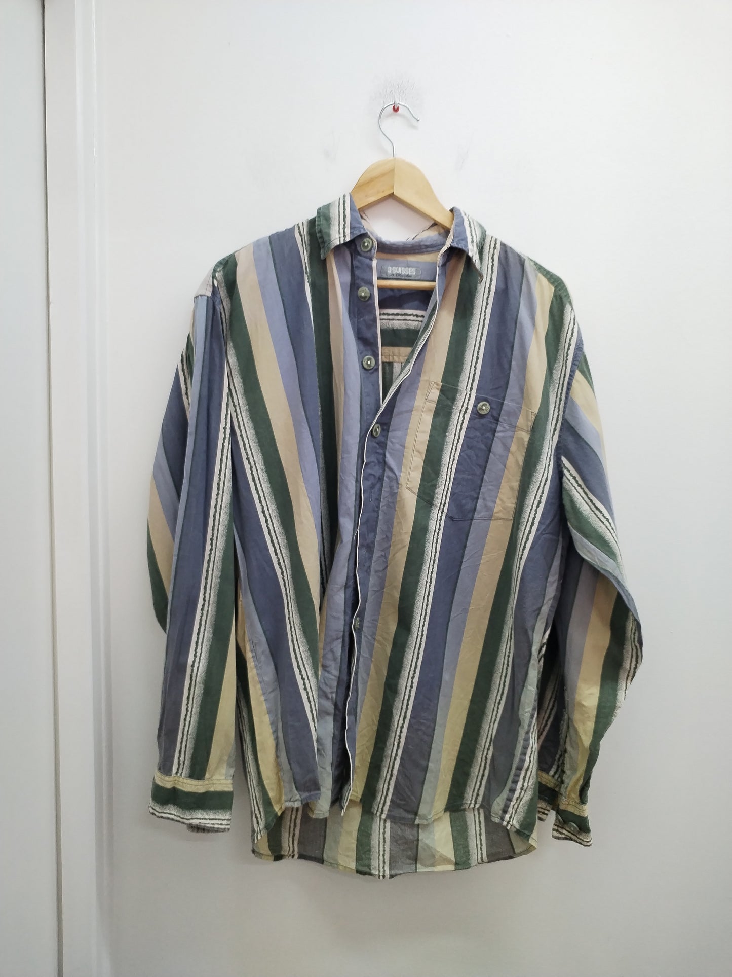 Chemise manches longues 3 Suisses rayée verte, beige et grise Taille XL