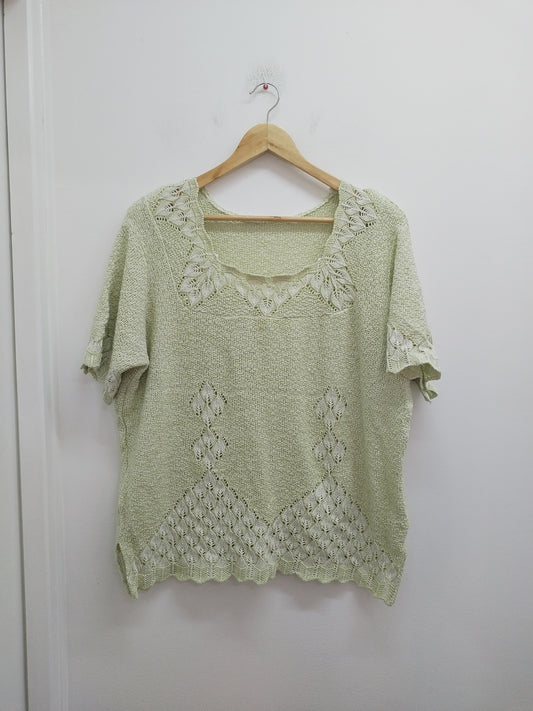 Pull fin mailles ajourées manches courtes Bella Donna vert pastel Taille 2XL