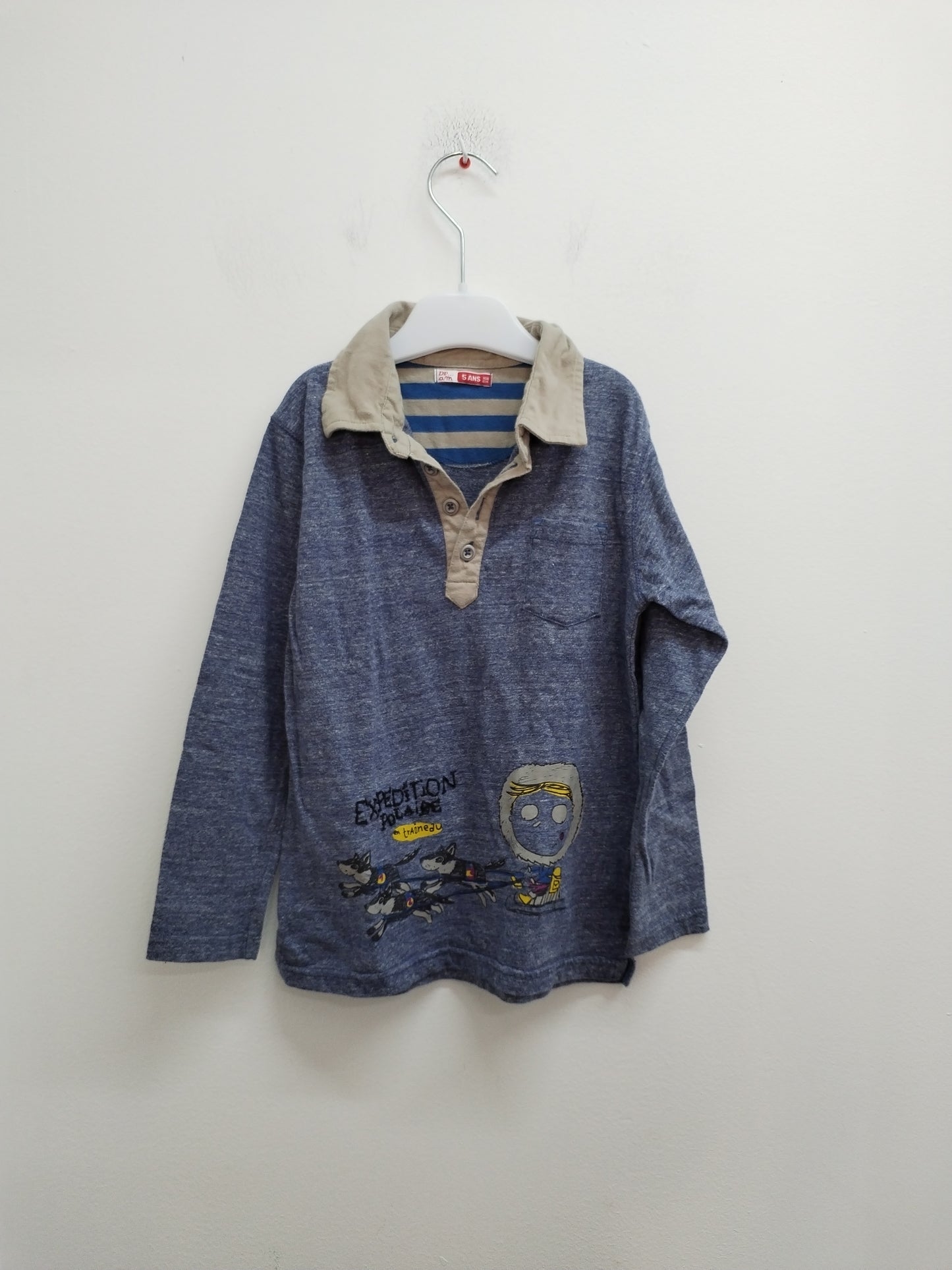 T-shirt manches longues avec col DPAM gris chiné et beige Taille 5 Ans