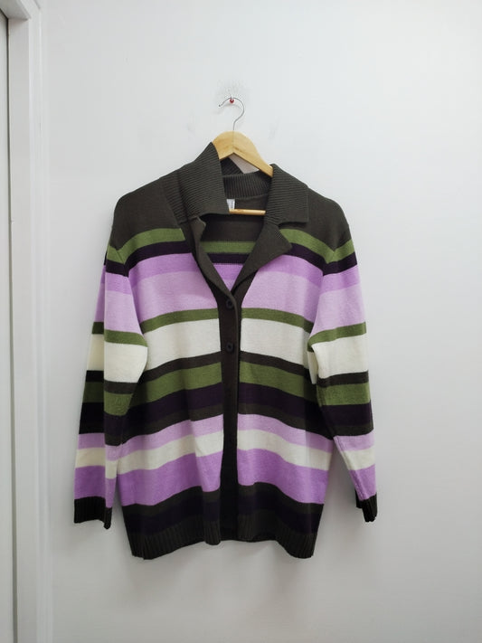 Gilet rayé kaki,vert, rose et blanc Taille 48