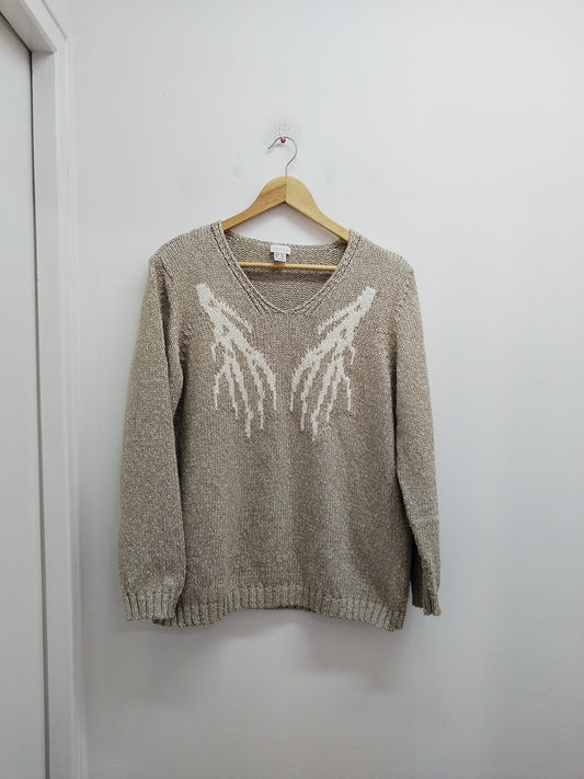 Pull grosses mailles Mona beige et doré avec motif blanc Taille 48