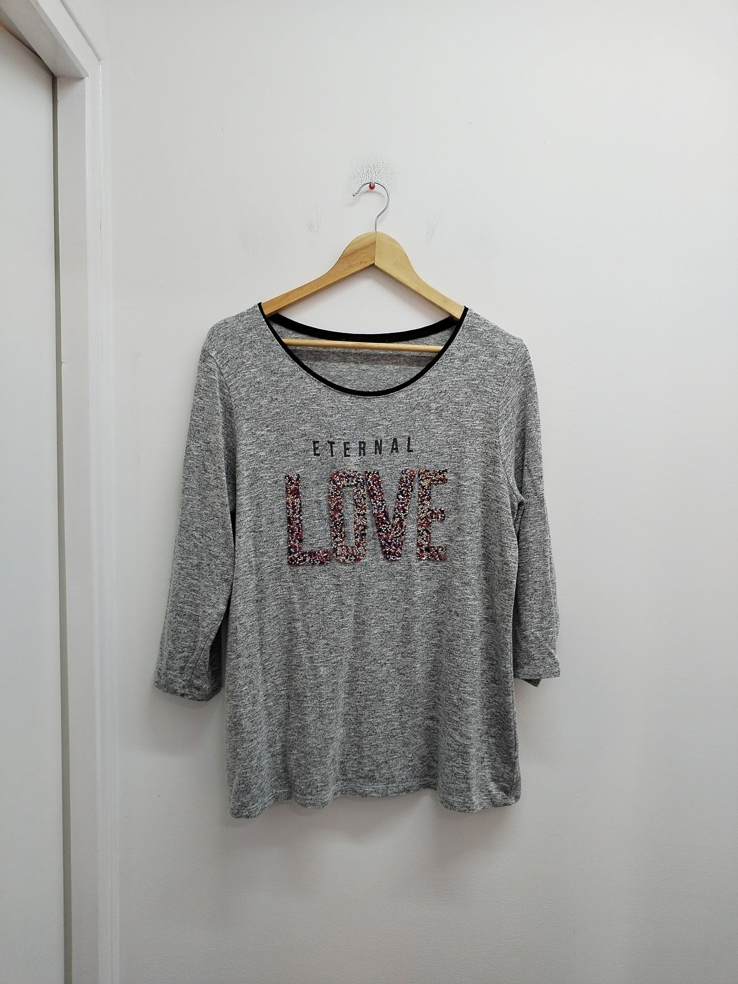 Pull fin manches 3/4 gris chiné avec strass Taille L